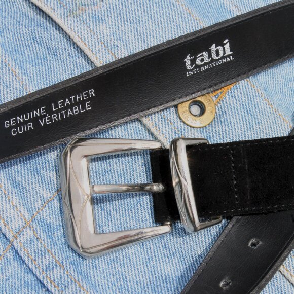 Vintage Accessories - 80s Vintage TABI Black Genuine Leather + Suede Silver Western Buckle Belt 32-36"